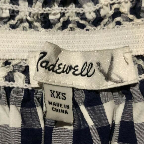 Madewell Gingham Blouse XXS Off Shoulder Navy Blue And White Checked Loose Fit - Picture 9 of 11